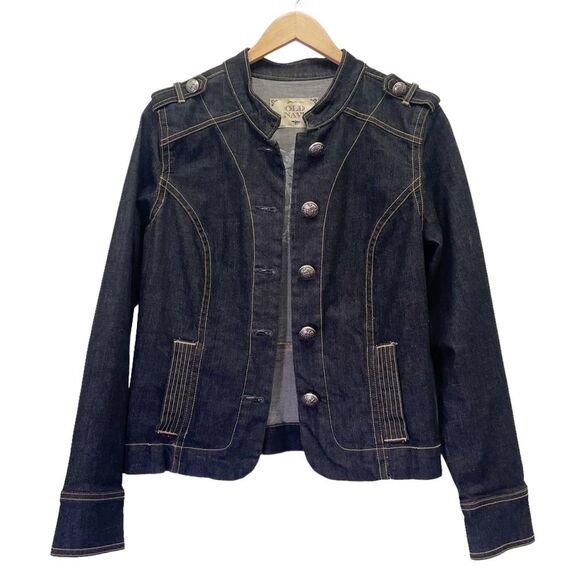 Vintage Old Navy Y2K Military Button Jean Jacket Size Large Dark Rinse Denim - Picture 3 of 15